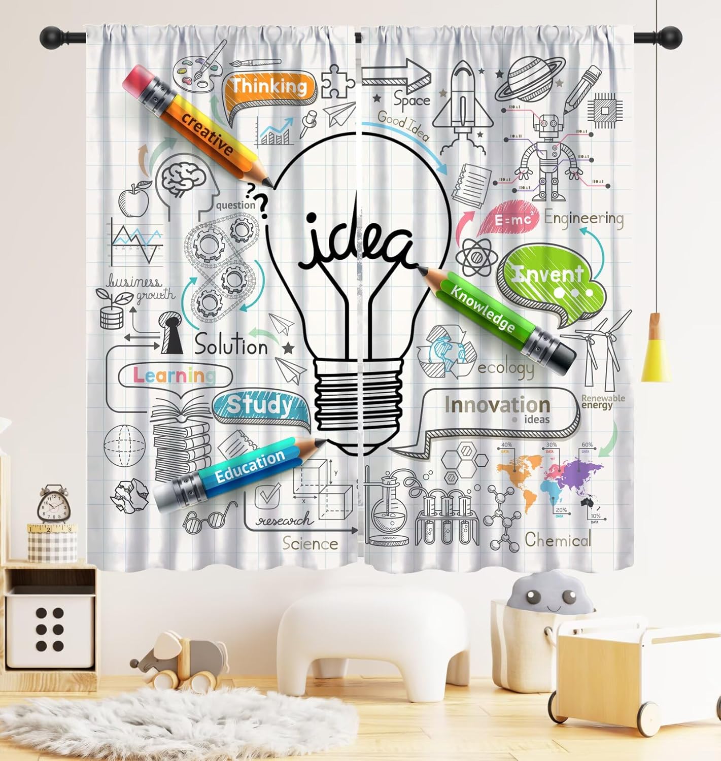 Science Nursery - Cartoon Science Educational Blackout Curtains, Math